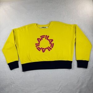 Fila Sweatshirt Womens L Yellow Navy Blue Graphic Logo Cropped Fleece Pullover